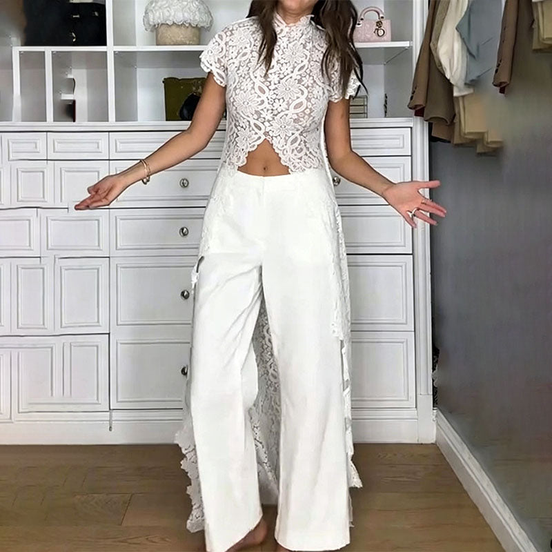Ruffled lace front-slit top and wide-leg pants set