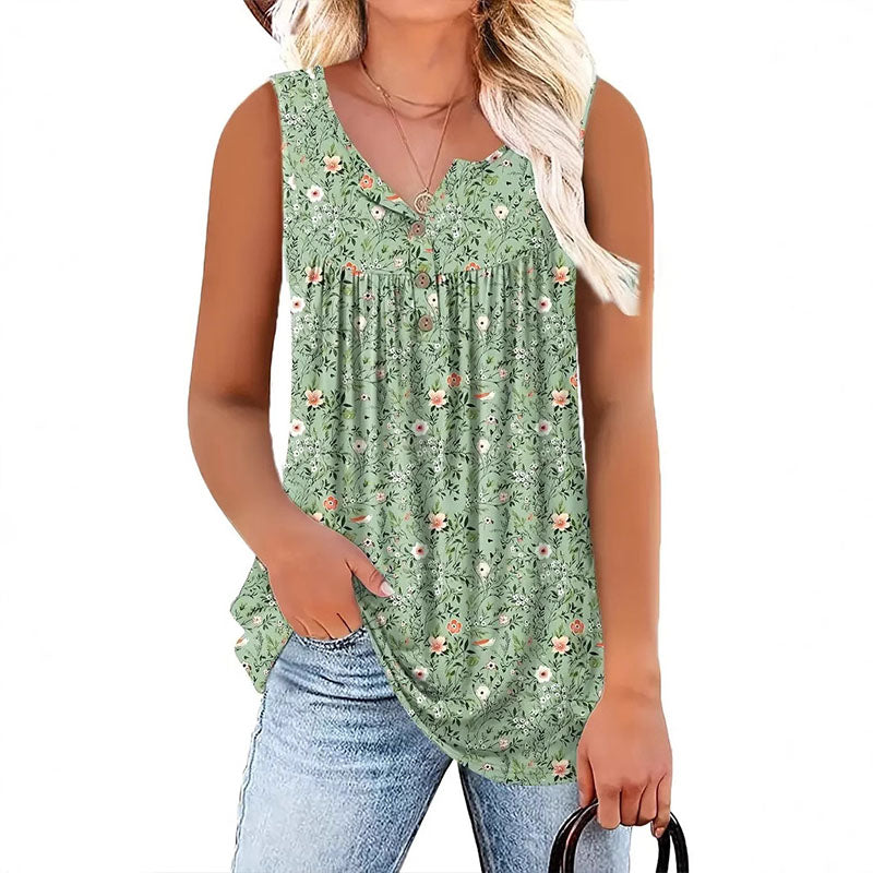 Button-down V-neck floral sleeveless top