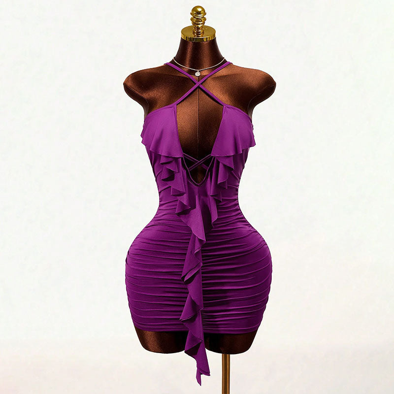 Crisscross Ruffled Pleated Slim-Fit Dress