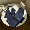 Textured deep V-neck tie-front top and wide-leg pants set