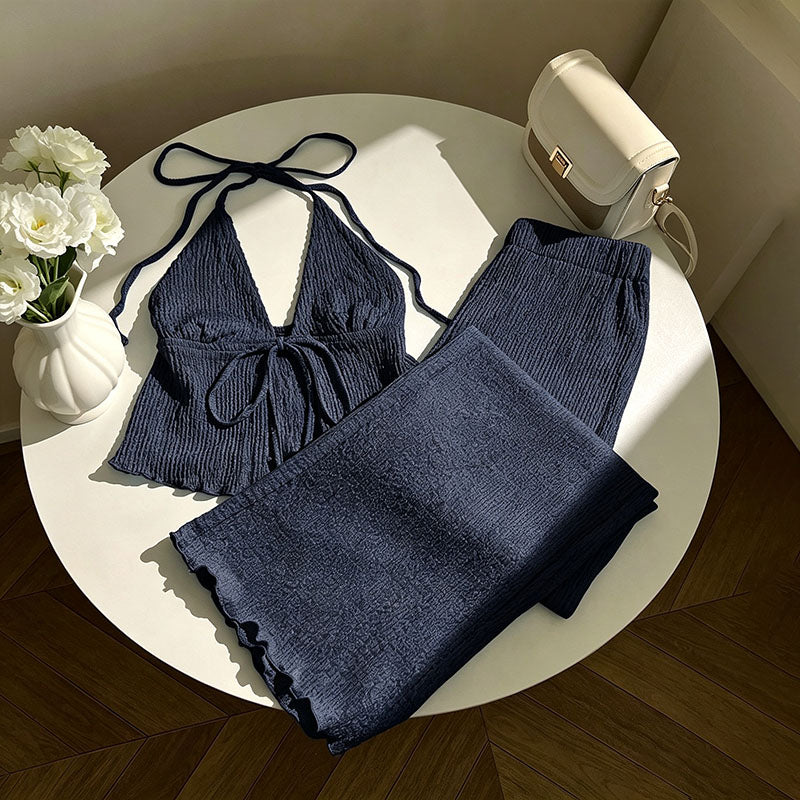 Textured deep V-neck tie-front top and wide-leg pants set
