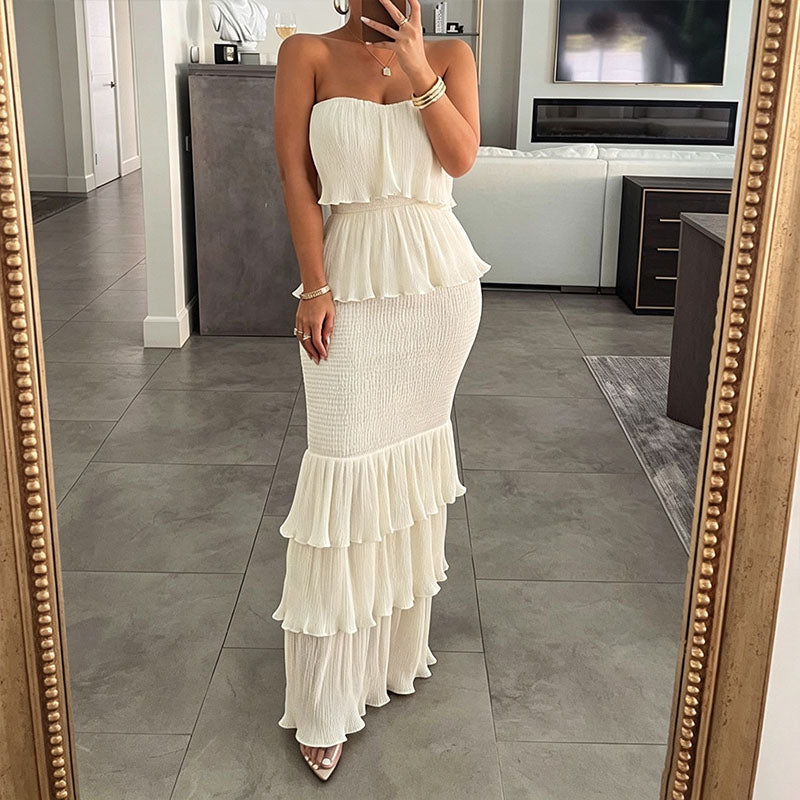 Strapless tiered ruffle fishtail maxi skirt