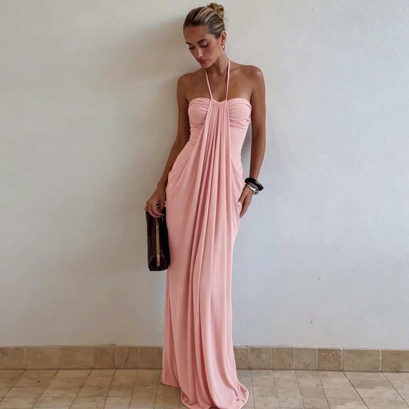 Draped, form-fitting halter maxi dress