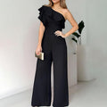 One-shoulder ruffled high-waisted wide-leg jumpsuit