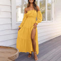 Off-shoulder long-sleeved cinched waist layered dress