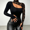 Hollow-out lace patchwork slim-fit long-sleeved top
