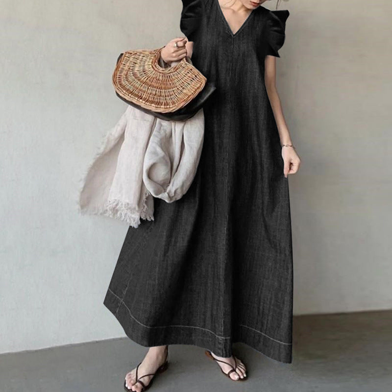 V-neck loose denim dress