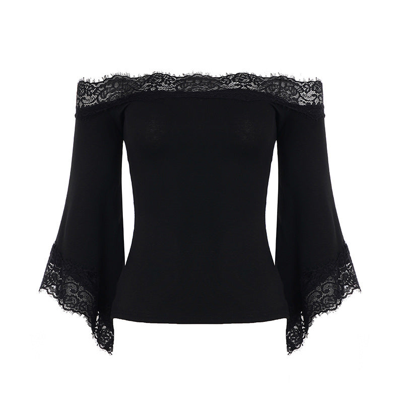Off-the-shoulder lace-trimmed bell sleeve fitted top