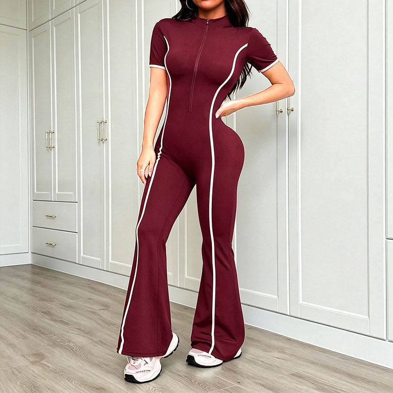 Striped Half-Zip Athletic Jumpsuit