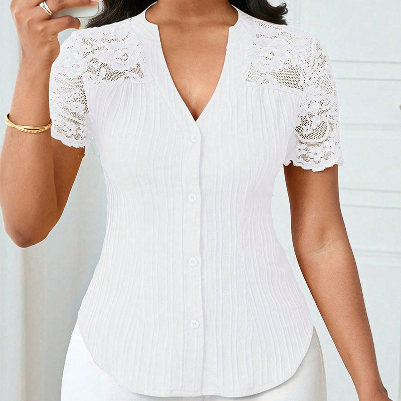 Short-sleeve V-neck shirt with lace splicing