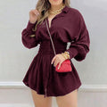 Pleated-waist collared shirt dress
