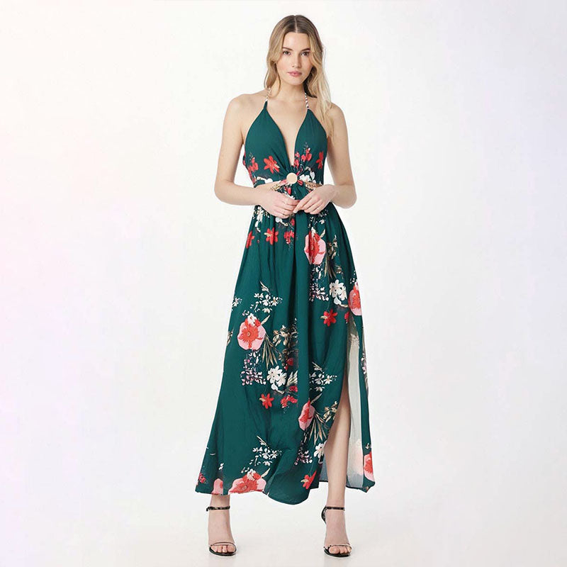 Deep V-neck backless high slit tropical print dress