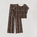 Leopard-print short-sleeved cutout top and trousers casual loungewear set