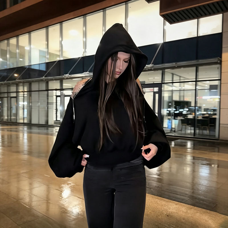 Open-back cutout mesh casual hoodie