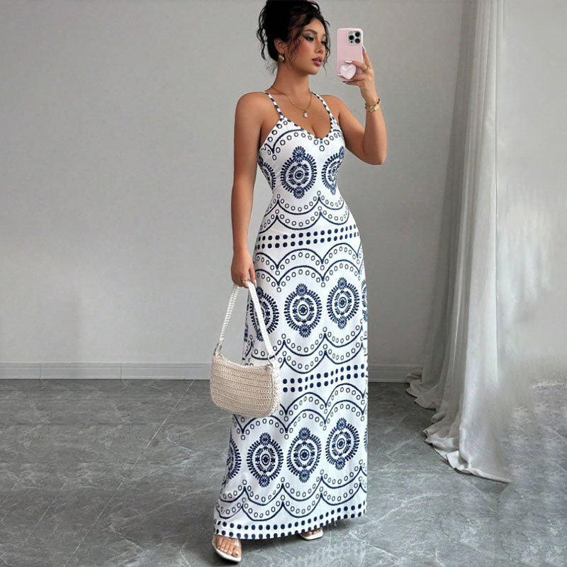 Retro Geometric Print Slim-Fit Camisole Dress