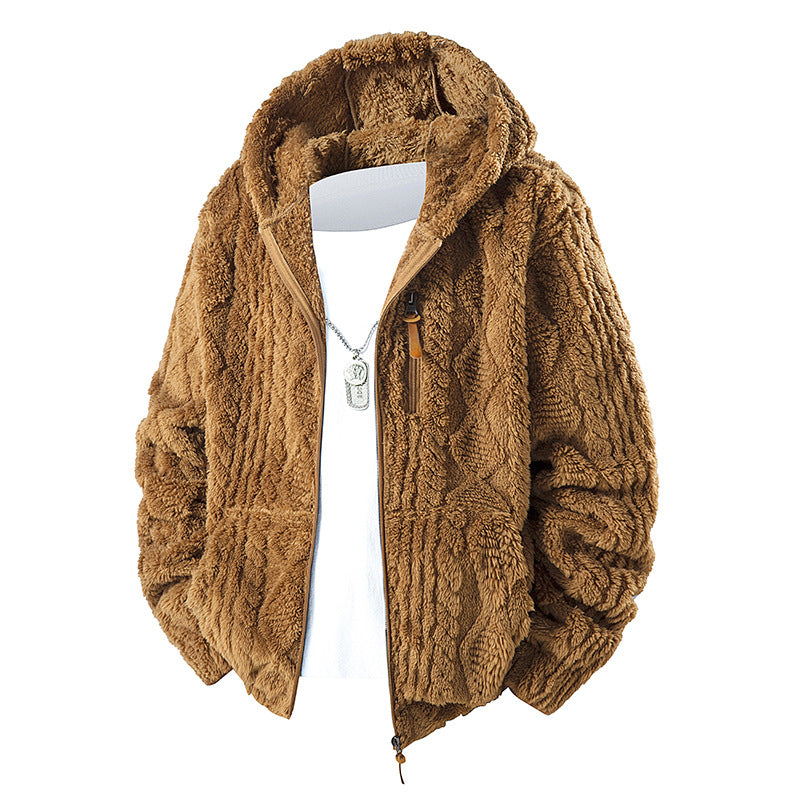 Men's fleece-lined hooded loose-fitting jacket