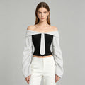 Off-shoulder color-blocked striped long-sleeved top