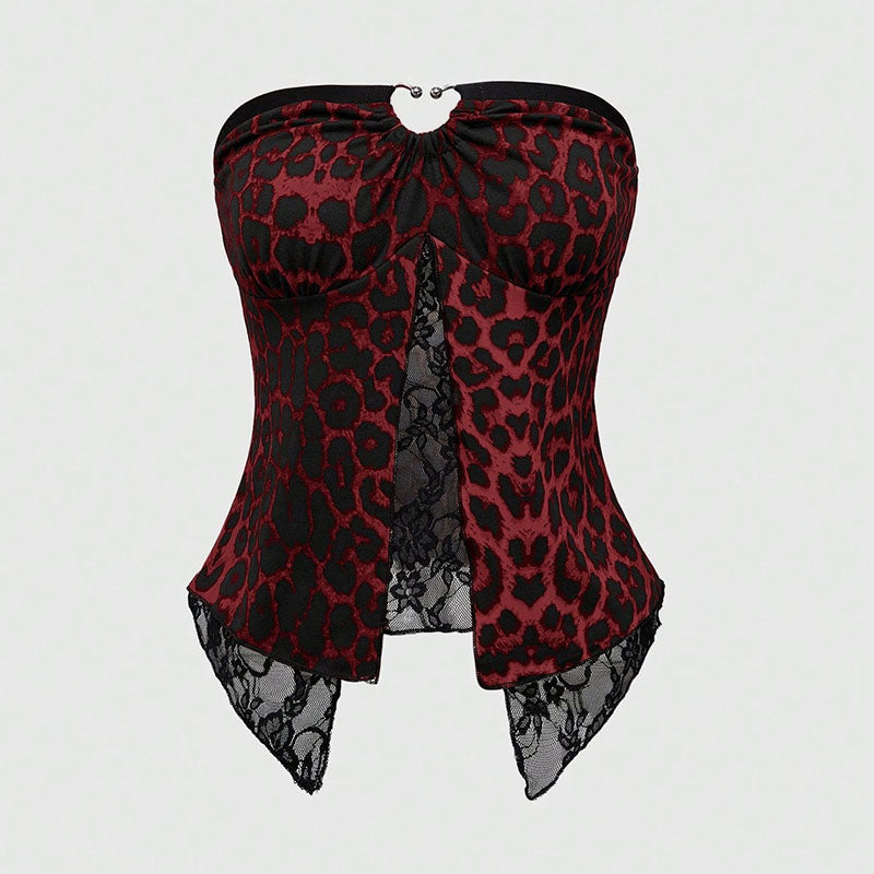 Leopard-print lace-trim tube top