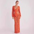 Floral Cut-Out Long-Sleeve Tie-Front Top and Maxi Skirt Set
