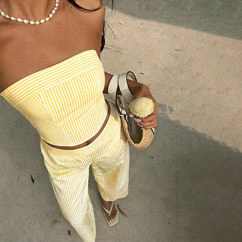 Striped strapless crop top and wide-leg trousers two-piece set