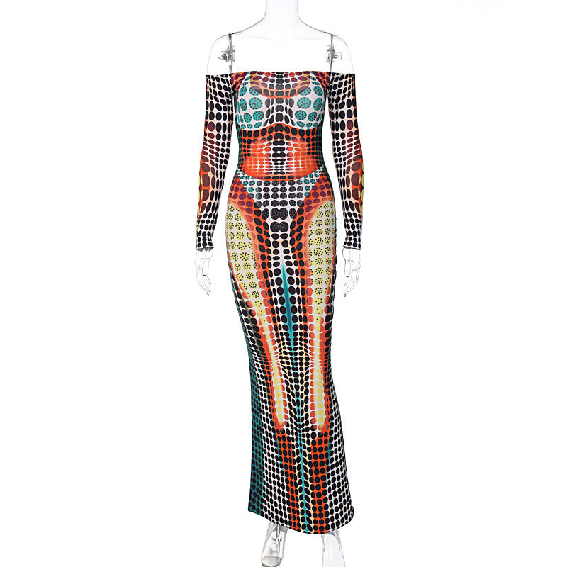 Long-sleeved off-shoulder printed fitted dress