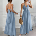 Front-pleated V-neck backless long dress