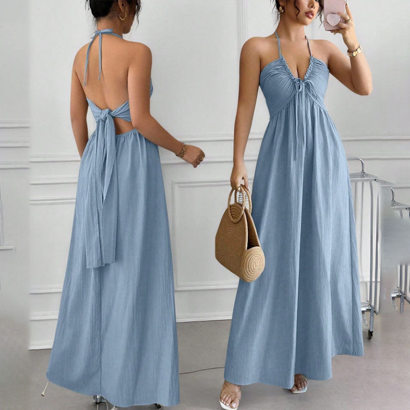Front-pleated V-neck backless long dress