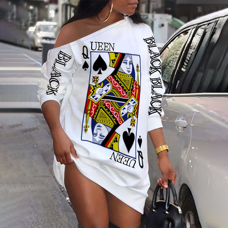 One-shoulder printed casual long-sleeve T-shirt dress