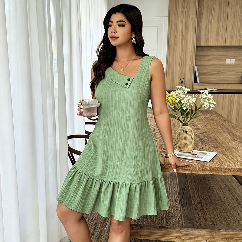 Asymmetric-neck sleeveless ruffle dress