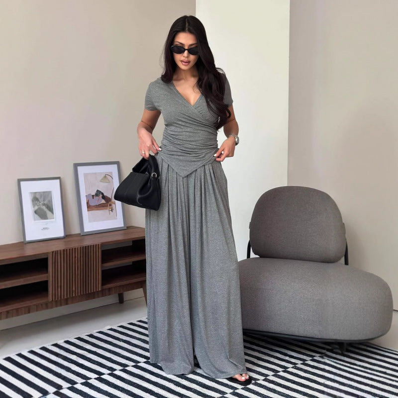 Cross-neck top and wide-leg pants suit