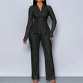 Long-sleeve V-neck waist-cinching top and trousers set
