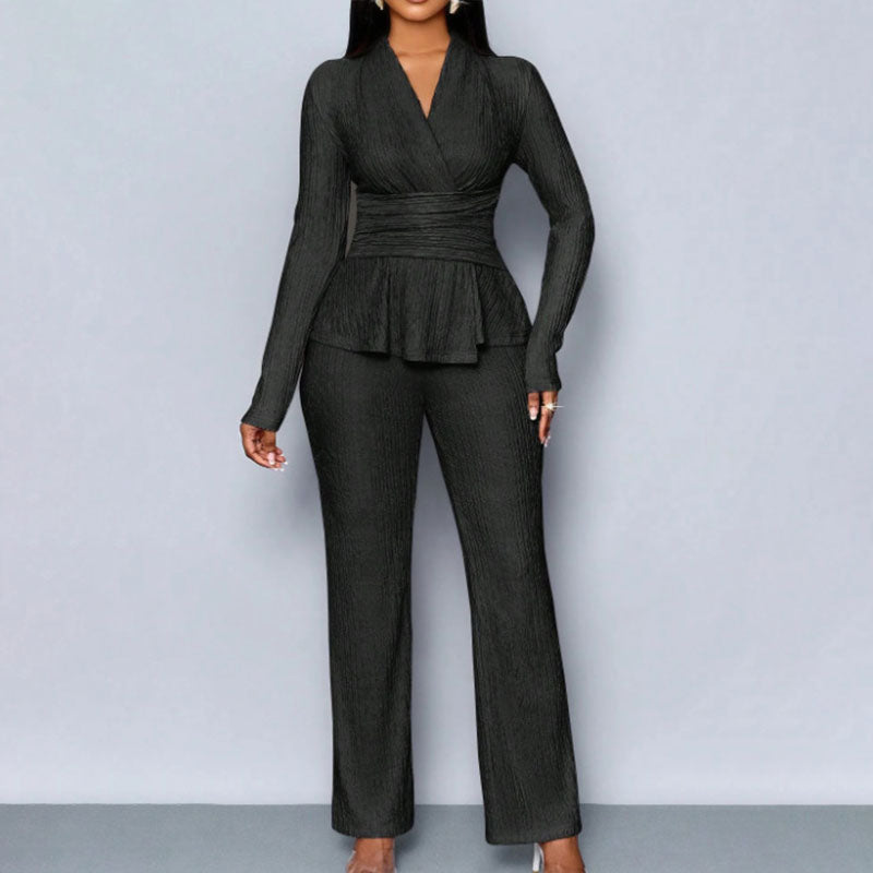 Long-sleeve V-neck waist-cinching top and trousers set