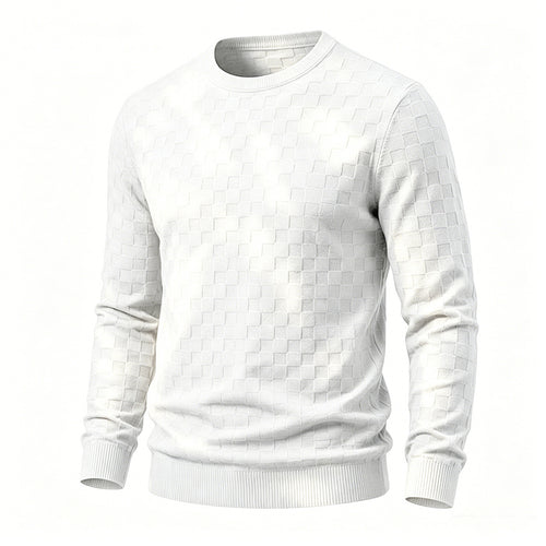 Checkered Jacquard Crew Neck Mens Sweater