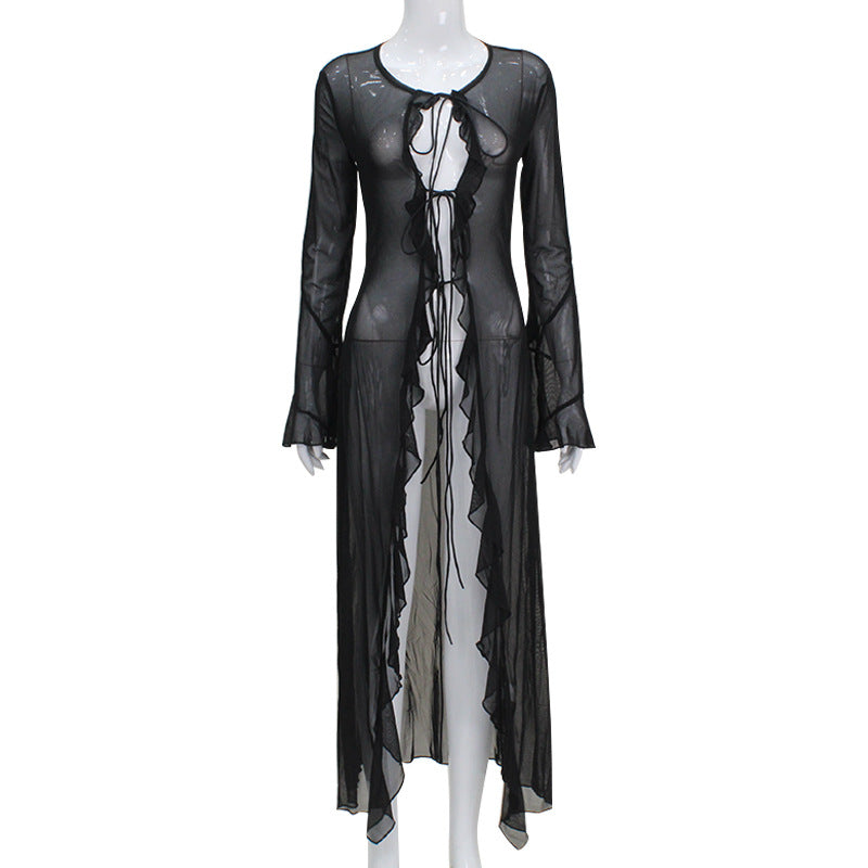 Long sheer ruffled cardigan-style dress