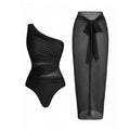 One-shoulder cut-out one-piece swimsuit and mesh cover-up skirt set