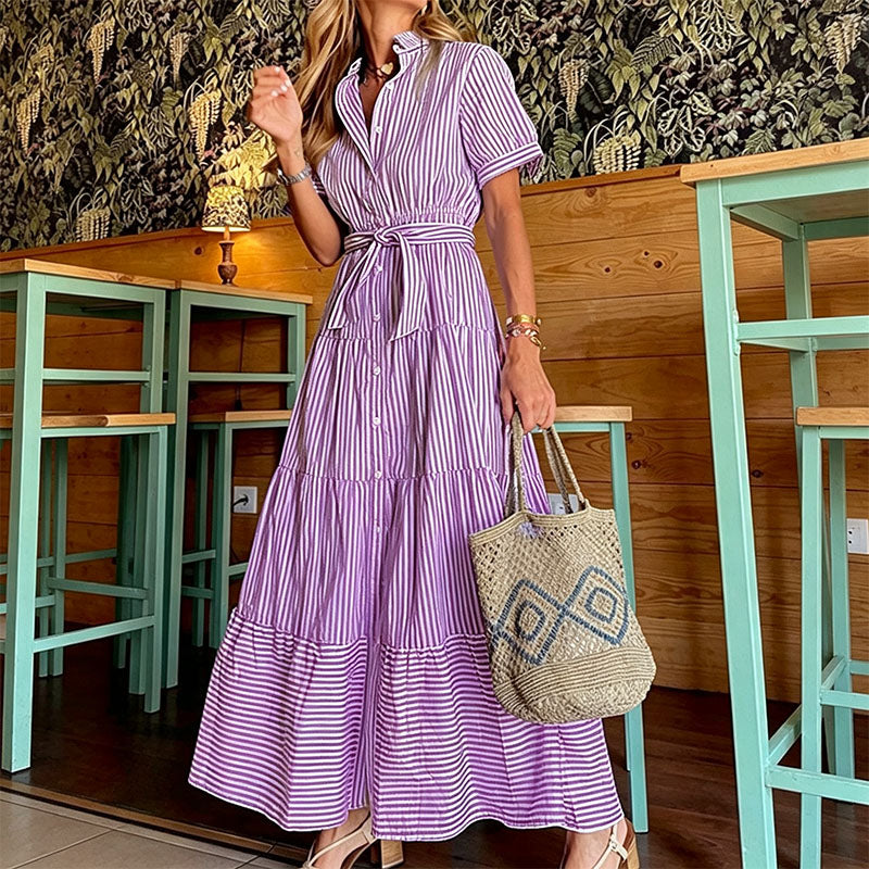 Striped layered hem long shirt dress