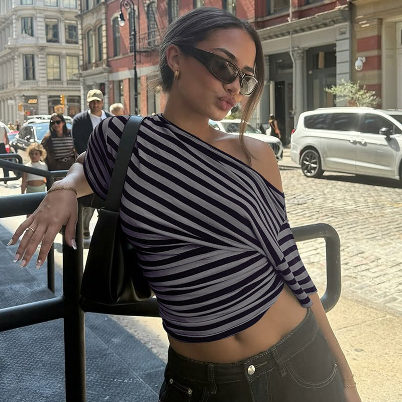 One-shoulder striped cropped top