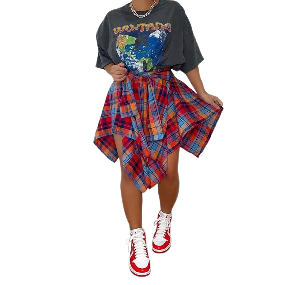 Plaid front-tie irregular hem short skirt