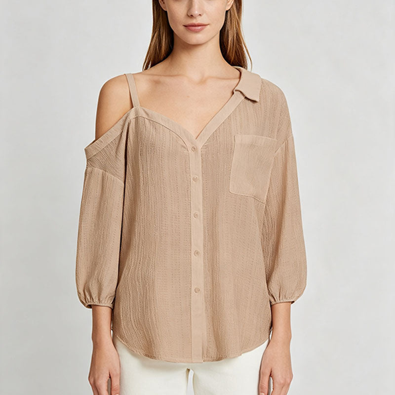 Asymmetric one-shoulder camisole-style collared shirt