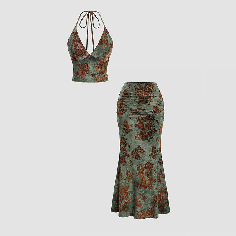 Vintage-print camisole and fishtail skirt set