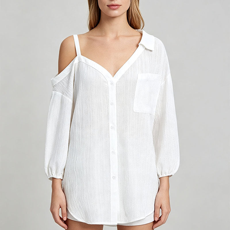 Asymmetric one-shoulder camisole-style collared shirt