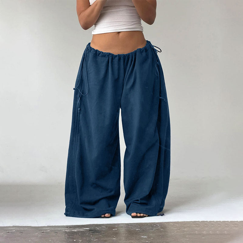 Side-drawstring ruched wide-leg trousers