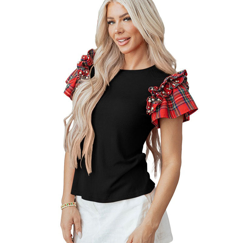 Plaid Print Ruffled Sleeve Loose Top