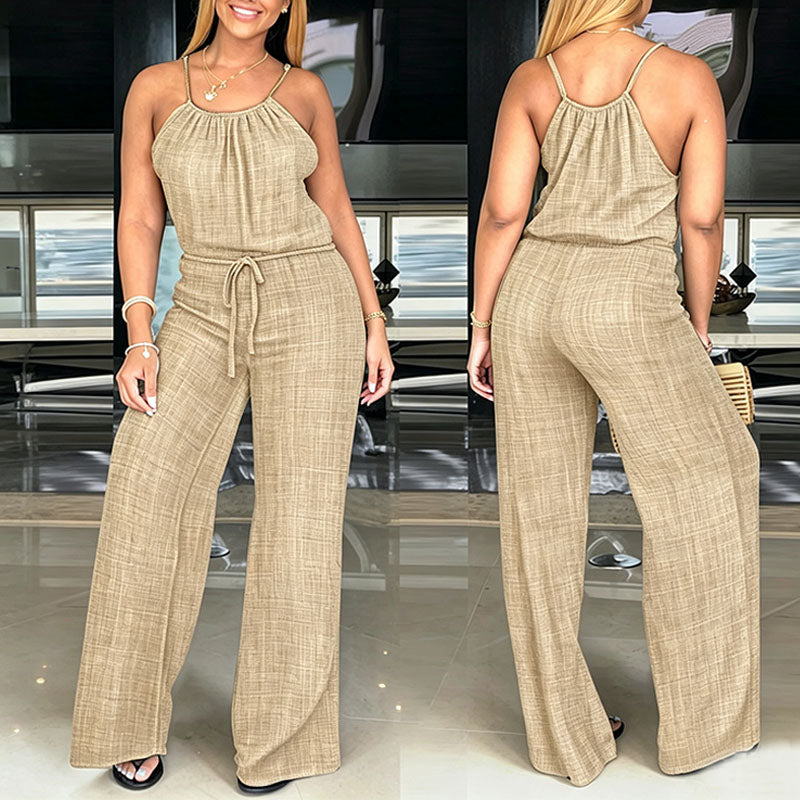 Sleeveless spaghetti strap tie-waist wide-leg jumpsuit