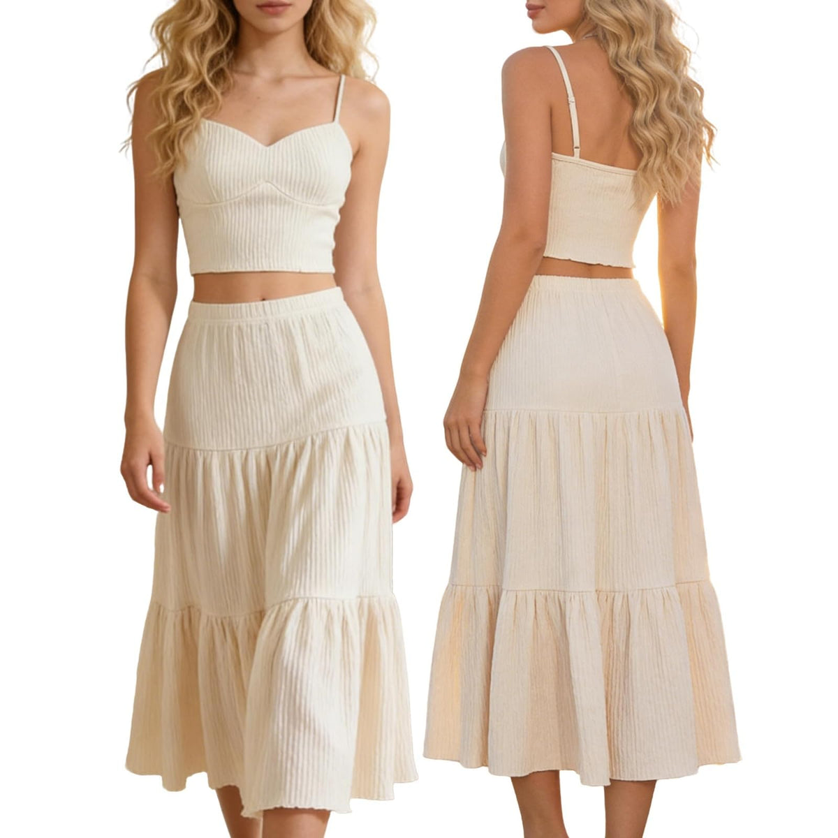 Heart-shaped neckline textured camisole top and long skirt set