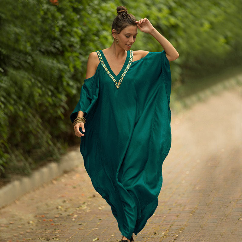 V-neck loose-fitting off-shoulder beach sun protection dress