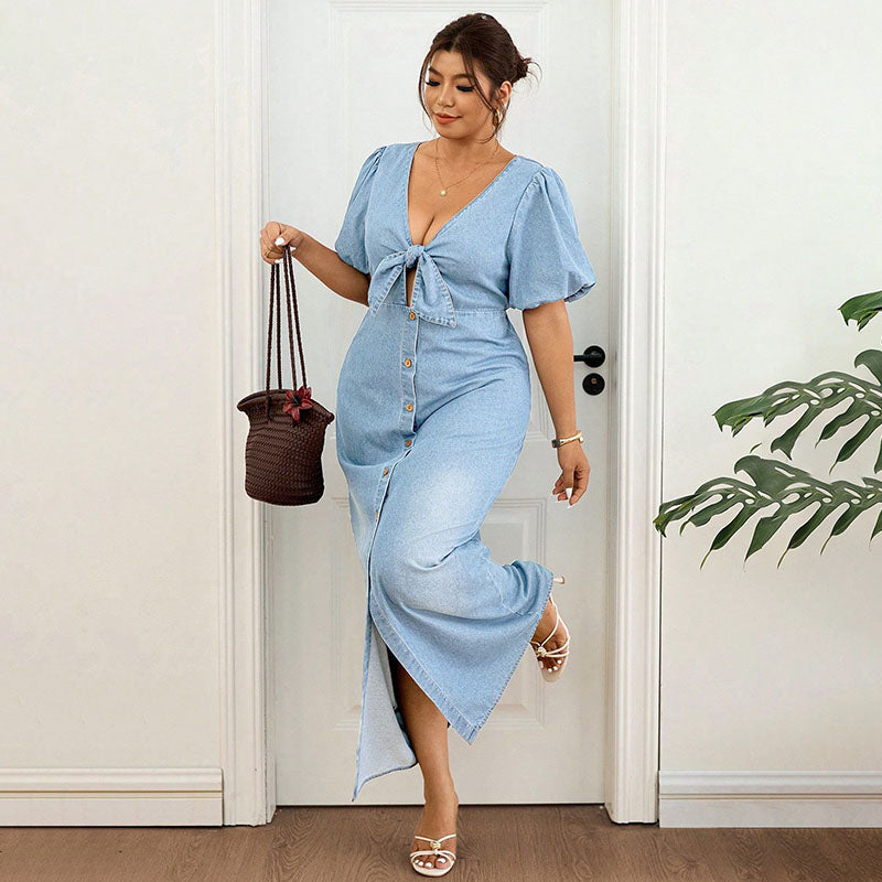 Plus-Size V-Neck Puff-Sleeve Slit Denim Dress