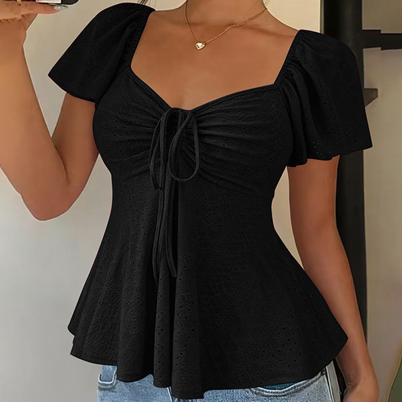 V-neck cut-out embroidered peplum top