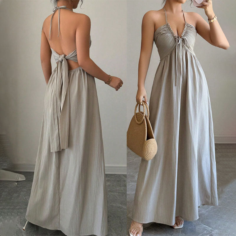Front-pleated V-neck backless long dress