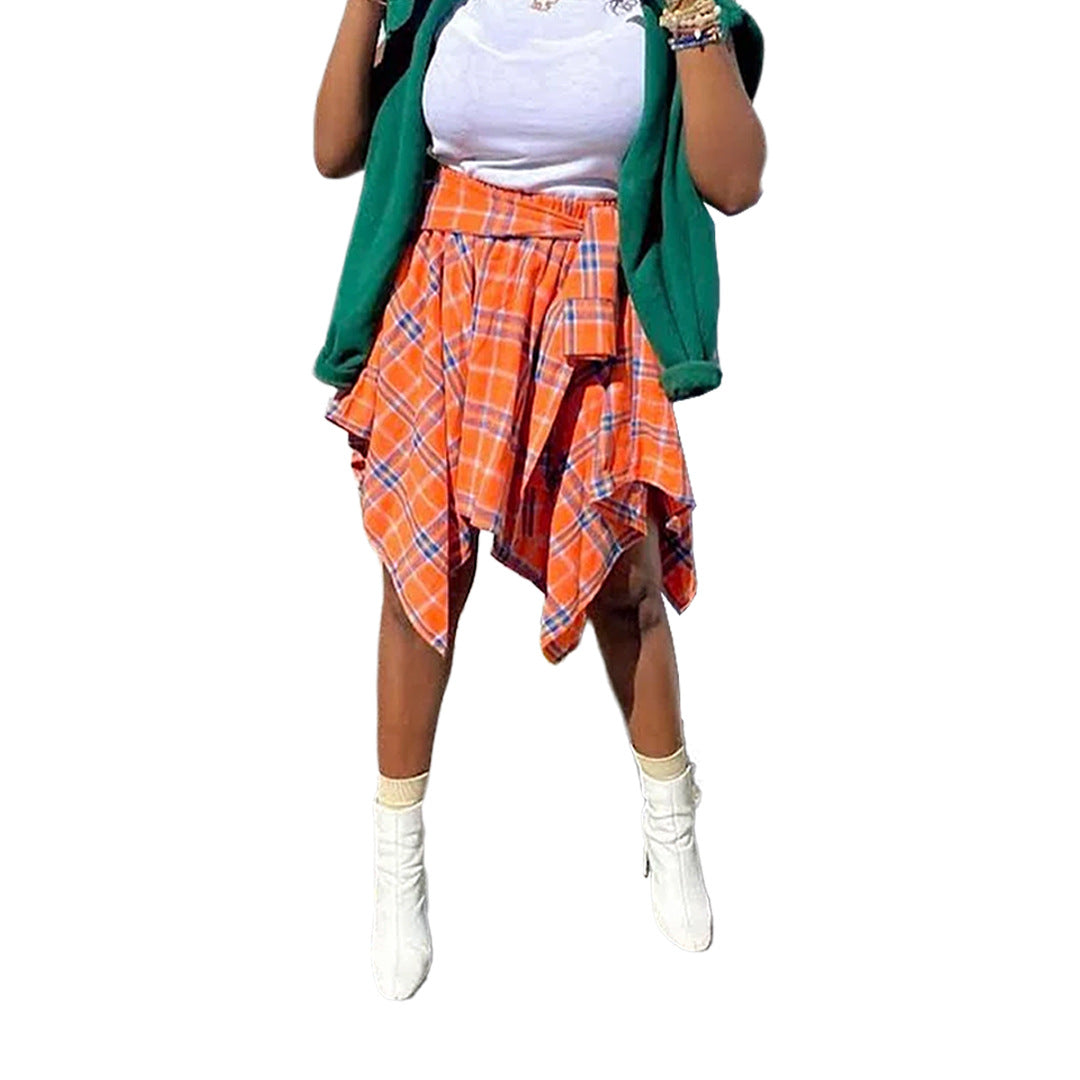 Plaid front-tie irregular hem short skirt